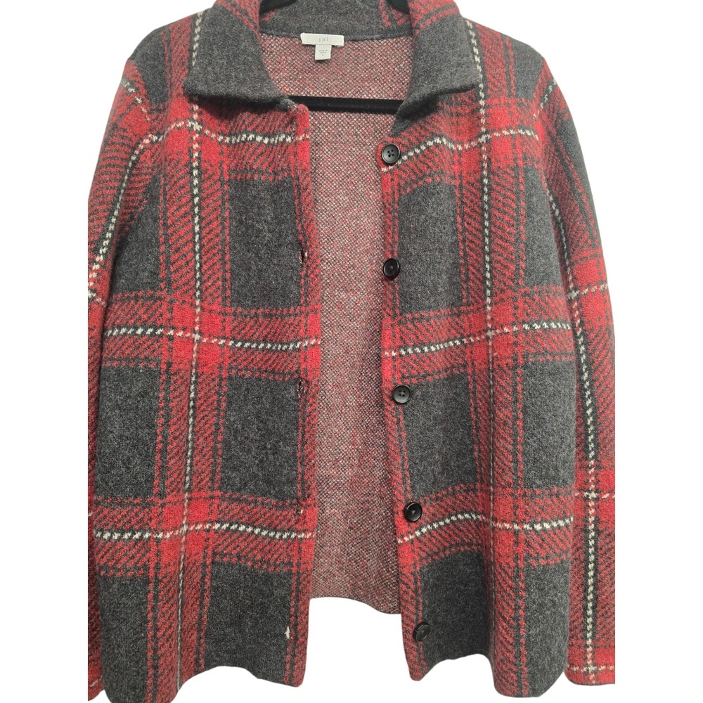 J Jill Red Black Plaid Wool Blend cardigan S jacket Cozy Cottagecore Preppy Fall - Picture 8 of 10